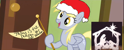 Size: 1280x523 | Tagged: safe, derpy hooves, pegasus, pony, g4, my little pony: friendship is magic, rainbow falls, christianity, christmas, derpy's flag, exploitable meme, female, hat, jesus christ, mare, meme, nativity, religion, religious focus, religious headcanon, santa hat, solo