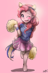 Size: 1280x1920 | Tagged: safe, artist:surgicalarts, pinkie pie, human, equestria girls, g4, barefoot, blushing, cheerleader, clothes, cute, diapinkes, feet, female, pom pom, pony coloring, skirt, solo, wink, wondercolts