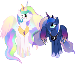 Size: 3508x3000 | Tagged: dead source, safe, artist:theshadowstone, princess celestia, princess luna, alicorn, pony, g4, season 4, colored wings, female, gradient wings, jewelry, mare, multicolored wings, rainbow power, rainbow power-ified, rainbow wings, regalia, royal sisters, siblings, simple background, sisters, transparent background, vector, wings
