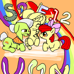 Size: 600x600 | Tagged: safe, artist:yajima, apple bloom, granny smith, family appreciation day, g4, pixiv, young granny smith, younger