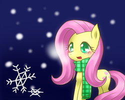 Size: 1000x800 | Tagged: safe, artist:hashioaryut, fluttershy, pegasus, pony, g4, clothes, female, mare, pixiv, scarf, snowflake, solo, winter