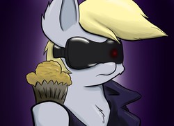 Size: 1100x800 | Tagged: safe, artist:heir-of-rick, derpy hooves, pegasus, pony, g4, rainbow falls, female, mare, muffin, solo, sunglasses, terminator, the grey one's glorious return