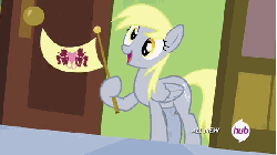 Size: 576x324 | Tagged: safe, screencap, derpy hooves, pegasus, pony, g4, rainbow falls, animated, female, flag, gif, hub logo, hubble, loop, mare, ponyville flag, solo, the grey one's glorious return, the hub