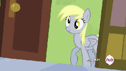 Size: 640x360 | Tagged: safe, screencap, derpy hooves, pegasus, pony, g4, rainbow falls, animated, cute, derpabetes, female, flag, hub logo, hubble, mare, ponyville flag, solo, the grey one's glorious return, the hub
