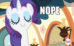 Size: 1800x1127 | Tagged: safe, screencap, rarity, pony, unicorn, g4, rainbow falls, season 4, female, hub logo, meme, nope.avi, solo