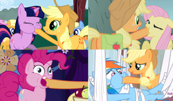 Size: 1152x679 | Tagged: safe, edit, edited screencap, screencap, apple cider (g4), apple cobbler, applejack, fluttershy, lavender fritter, pinkie pie, rainbow dash, red gala, twilight sparkle, pony, dragonshy, friendship is magic, g4, rainbow falls, apple, apple family member, cowboy hat, eyes closed, feederjack, force feeding, hat, hoof in mouth, hoofjack, hospital, hub logo, out of context, saddle bag, silly, silly pony, smiling, stetson, wide eyes