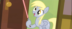 Size: 1920x781 | Tagged: safe, derpy hooves, pegasus, pony, g4, my little pony: friendship is magic, rainbow falls, derpy's flag, exploitable meme, female, lightsaber, mare, meme, solo, star wars, sword