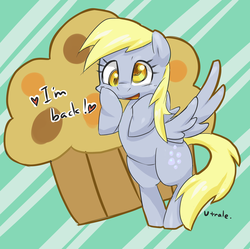 Size: 2725x2709 | Tagged: safe, artist:yutoraru, derpy hooves, pegasus, pony, g4, rainbow falls, cute, derpabetes, female, food, heart, mare, muffin, open mouth, pixiv, solo, the grey one's glorious return