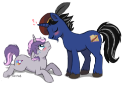 Size: 1024x695 | Tagged: safe, artist:furreon, oc, oc only, oc:digibrony, blushing, bronycurious, eyes closed, gay, hat, heart, male, shipping, simple background, tudor cap