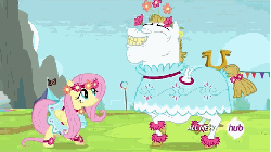 Size: 576x324 | Tagged: safe, screencap, bulk biceps, fluttershy, pony, g4, rainbow falls, all new, animated, clothes, crossdressing, dancing, dress, floral head wreath, flower, hub logo, hubble, prancing, text, the hub, trotting, trotting in place