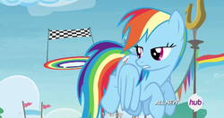 Size: 1152x609 | Tagged: safe, screencap, rainbow dash, g4, rainbow falls, female, flying, meme, solo, youtube caption