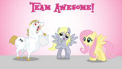 Size: 1366x768 | Tagged: safe, artist:babypom, bulk biceps, derpy hooves, fluttershy, pegasus, pony, g4, rainbow falls, bulkabetes, cute, diabetes, female, grin, looking at you, male, mare, open mouth, rearing, smiling, spread wings, squee, stallion, team awesome, text, trio, wallpaper, yeah