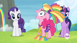 Size: 1440x810 | Tagged: safe, screencap, pinkie pie, rarity, twilight sparkle, alicorn, pony, g4, my little pony: friendship is magic, rainbow falls, cheerleader outfit, cheerleader pinkie, skirt, twilight sparkle (alicorn), yelling