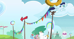 Size: 1152x608 | Tagged: safe, screencap, bulk biceps, fluttershy, rainbow dash, soarin', g4, rainbow falls, meme, youtube caption