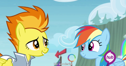 Size: 1152x608 | Tagged: safe, screencap, rainbow dash, spitfire, g4, rainbow falls, meme, warmup suit, youtube caption