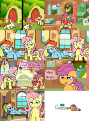 Size: 2200x3000 | Tagged: safe, artist:fillyscoots42, apple bloom, fluttershy, rainbow dash, earth pony, pegasus, pony, ask crinkleloo, g4, bandage, blushing, butt, cast, comic, crinkleloo, diaper, female, filly, foal, mare, mouth hold, non-baby in diaper, plot, urine, wet diaper