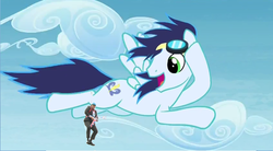 Size: 844x467 | Tagged: safe, edit, edited screencap, screencap, soarin', g4, rainbow falls, boris johnson, dangling, meme