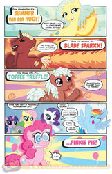 Size: 896x1384 | Tagged: safe, artist:carla speed mcneil, idw, official comic, blade sparxx, fluttershy, pinkie pie, rainbow dash, rarity, spike, summer van der hoof, toffee truffle, twilight sparkle, alicorn, earth pony, pegasus, pony, unicorn, friends forever #1, g4, my little pony: friends forever, spoiler:comic, female, idw advertisement, jpg artifacts, low quality, mare, preview, twilight sparkle (alicorn)