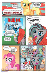 Size: 896x1384 | Tagged: safe, artist:carla speed mcneil, idw, official comic, applejack, hammy delivery, marine sandwich, pinkie pie, earth pony, pony, friends forever #1, g4, my little pony: friends forever, spoiler:comic, comic, female, idw advertisement, mare, preview, speech bubble, unnamed character, unnamed pony