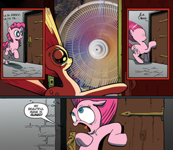 Size: 945x821 | Tagged: safe, idw, pinkie pie, earth pony, pony, g4, alternate hairstyle, dialogue, exploitable meme, fan, meme, open mouth, speech bubble, surprise door