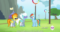 Size: 1152x608 | Tagged: safe, screencap, fleetfoot, rainbow dash, spitfire, g4, rainbow falls, meme, rainbow falls (location), warmup suit, youtube caption