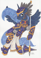 Size: 900x1269 | Tagged: safe, artist:enigmaticthief, princess luna, pony, g4, bipedal, cosplay, valkyrie profile, weapon