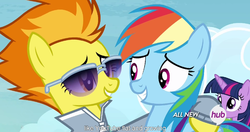 Size: 1152x608 | Tagged: safe, screencap, rainbow dash, spitfire, g4, my little pony: friendship is magic, rainbow falls, meme, warmup suit, youtube caption