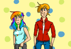 Size: 915x629 | Tagged: safe, artist:mcwhale4, big macintosh, rainbow dash, human, g4, abstract background, duo, female, human female, human male, humanized, light skin, male, ship:rainbowmac, shipping, straight