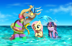 Size: 1361x869 | Tagged: safe, artist:c-puff, discord, fluttershy, twilight sparkle, alicorn, crab, draconequus, pegasus, pony, g4, beach, bikini, bipedal, clothes, cute, discord being discord, discute, female, floaty, inflatable, inner tube, male, mare, ocean, rubber duck, shyabetes, swimming, swimsuit, trio, twilight sparkle (alicorn), twilight sparkle is not amused, unamused, water, wet, wet mane