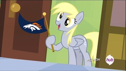 Size: 960x540 | Tagged: safe, derpy hooves, pegasus, pony, g4, my little pony: friendship is magic, rainbow falls, american football, denver broncos, derpy's flag, exploitable meme, female, hub logo, mare, meme, nfl, solo