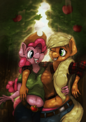 Size: 1922x2719 | Tagged: safe, artist:somnias, applejack, pinkie pie, anthro, g4, pinkie apple pie, belly button, breasts, female