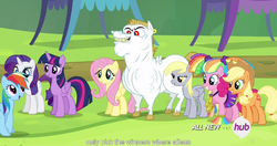 Size: 1152x607 | Tagged: safe, screencap, applejack, bulk biceps, derpy hooves, fluttershy, pinkie pie, rainbow dash, rarity, twilight sparkle, alicorn, pony, g4, rainbow falls, female, mane six, mare, meme, twilight sparkle (alicorn), youtube caption