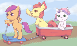 Size: 623x377 | Tagged: safe, artist:risuchan, apple bloom, scootaloo, sweetie belle, g4, cutie mark crusaders