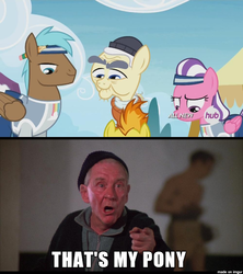 Size: 610x686 | Tagged: safe, abradacanter, haymaker, rainbow chaser, spitfire, g4, rainbow falls, burgess meredith, crossover, meme, mickey goldmill, rocky (movie), rocky balboa, that's my x