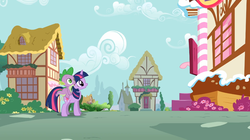 Size: 1054x592 | Tagged: safe, screencap, spike, twilight sparkle, dragon, pony, bridle gossip, g4, dragons riding ponies, riding, spike riding twilight