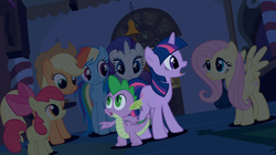 Size: 1054x592 | Tagged: safe, screencap, apple bloom, applejack, fluttershy, pinkie pie, rainbow dash, rarity, spike, twilight sparkle, bridle gossip, g4, mane seven, mane six