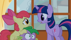 Size: 1054x592 | Tagged: safe, screencap, apple bloom, spike, twilight sparkle, dragon, earth pony, pony, unicorn, bridle gossip, g4, butt, female, filly, male, mare, plot, twibutt