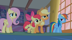 Size: 1054x592 | Tagged: safe, screencap, apple bloom, applejack, fluttershy, rainbow dash, earth pony, pegasus, pony, bridle gossip, g4, my little pony: friendship is magic, female, filly, mare