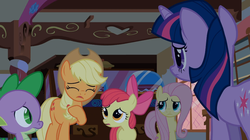 Size: 1054x592 | Tagged: safe, screencap, apple bloom, applejack, fluttershy, spike, twilight sparkle, bridle gossip, g4, hnnng