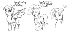 Size: 800x374 | Tagged: safe, artist:archonix, derpy hooves, trixie, pegasus, pony, g4, rainbow falls, female, mare, monochrome, sketch