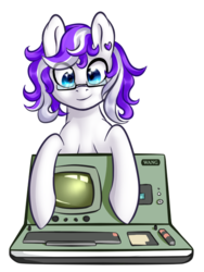 Size: 510x680 | Tagged: safe, artist:glaze, artist:woodentoaster, oc, oc only, earth pony, pony, computer, earth pony oc, glasses, looking down, purple mane, smiling, solo, wang