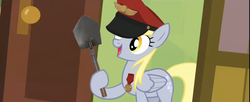 Size: 1280x521 | Tagged: safe, edit, screencap, derpy hooves, pegasus, pony, g4, rainbow falls, derpy's flag, female, hat, mare, medal, shovel, soldier, soldier (tf2), solo, team captain, team fortress 2