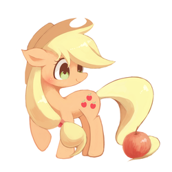 Size: 1000x1000 | Tagged: safe, artist:g4ku, applejack, g4, apple, female, looking back, pixiv, raised hoof, simple background, solo