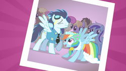 Size: 1280x720 | Tagged: safe, screencap, bon bon, candy mane, cloud kicker, coco crusoe, doctor whooves, minuette, rainbow dash, soarin', sweetie drops, time turner, earth pony, pegasus, pony, a canterlot wedding, g4, my little pony: friendship is magic, clothes, cute, dancing, dashabetes, eyes closed, female, male, mare, open mouth, photo, raised hoof, smiling, spread wings, stallion, uniform, wonderbolts dress uniform