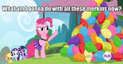 Size: 960x504 | Tagged: safe, edit, edited screencap, screencap, applejack, pinkie pie, rarity, twilight sparkle, alicorn, pony, g4, rainbow falls, caption, female, image macro, mare, skirt, twilight sparkle (alicorn)