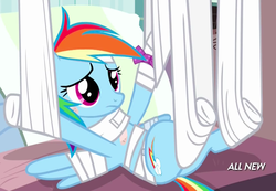 Size: 1089x754 | Tagged: safe, screencap, rainbow dash, pony, g4, rainbow falls, bandage, bandaid, bed, bow, female, medical bondage, solo