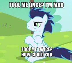 Size: 439x382 | Tagged: safe, soarin', g4, rainbow falls, angry, crossed hooves, image macro, jontron, male, nightshade: the claws of heugh, solo