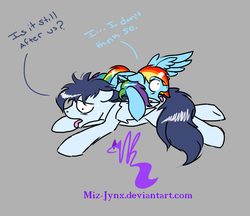 Size: 1280x1107 | Tagged: safe, artist:miz-jynx, rainbow dash, soarin', g4, dialogue, female, male, scared, ship:soarindash, shipping, straight, sweat