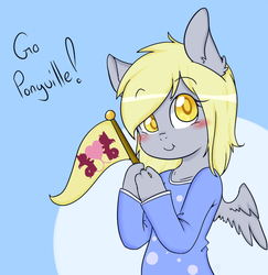 Size: 837x862 | Tagged: safe, artist:chibimlp-lover, derpy hooves, anthro, g4, rainbow falls, :t, blushing, clothes, cute, female, flag, looking at you, pajamas, ponyville flag, smiling, solo, the grey one's glorious return