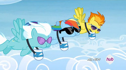 Size: 1280x717 | Tagged: safe, screencap, fleetfoot, rainbow dash, spitfire, g4, rainbow falls, all new, aweeg*, eating, feed bag, flying, formation, horses doing horse things, puffy cheeks, spread wings, sunglasses, text